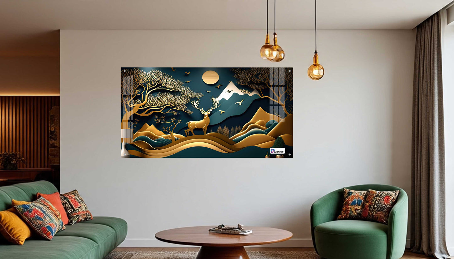 Golden Mountain Stag Landscape Acrylic Wall Art