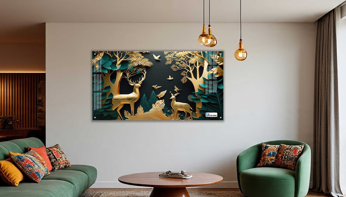 Golden Serenity Deer Forest Acrylic Wall Art