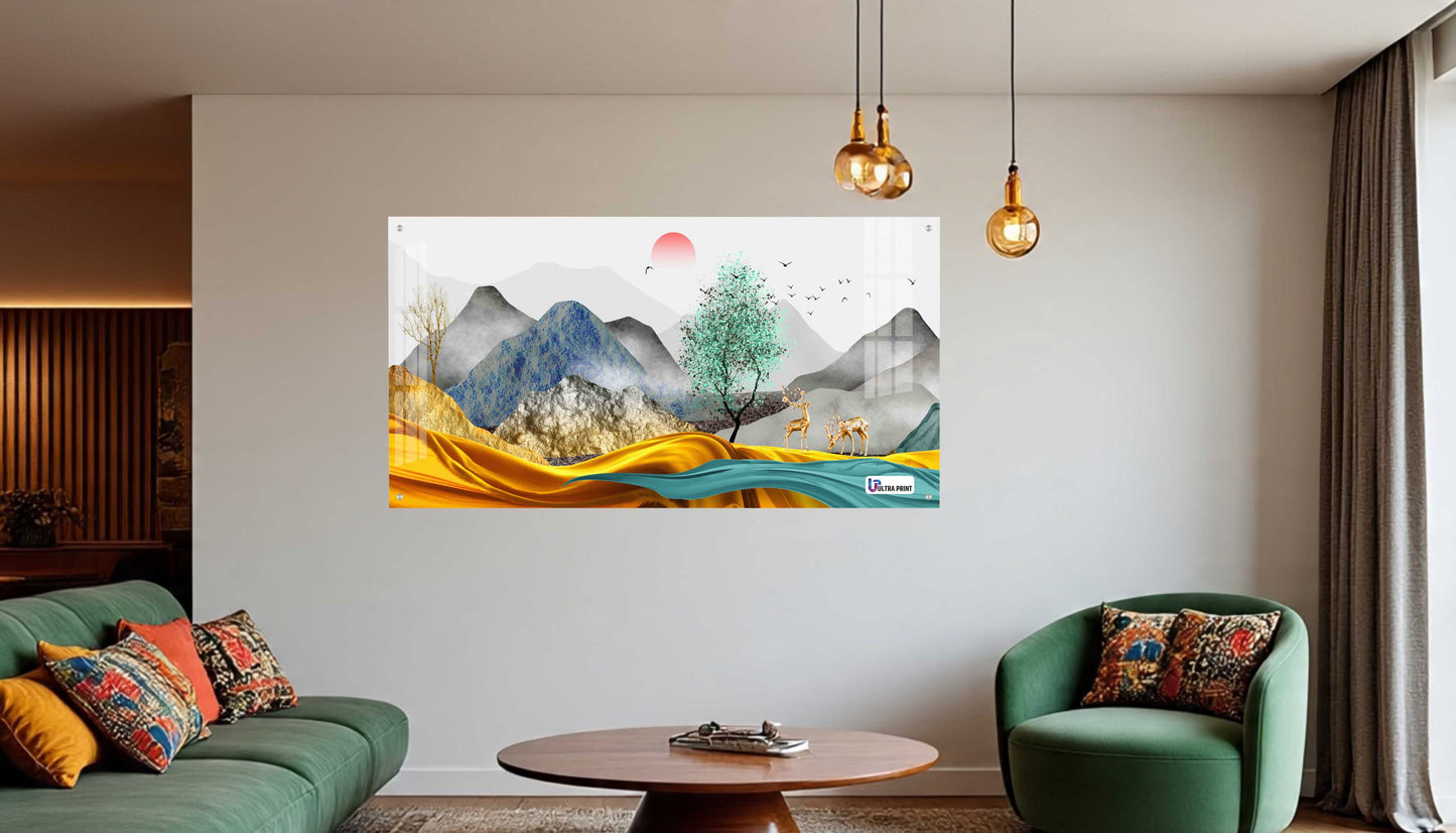 Modern Golden Hills & Deer Scenic Acrylic Wall Art