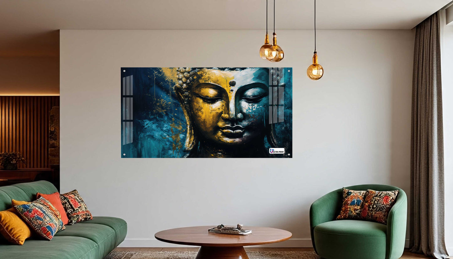 Golden Blue Buddha Face Spiritual Abstract Wall Art