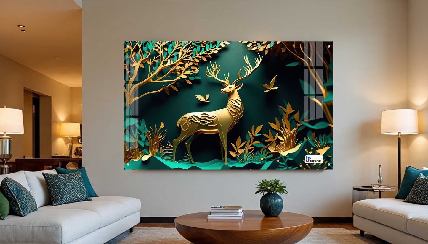 Luxury Golden Stag Forest Acrylic Wall Art