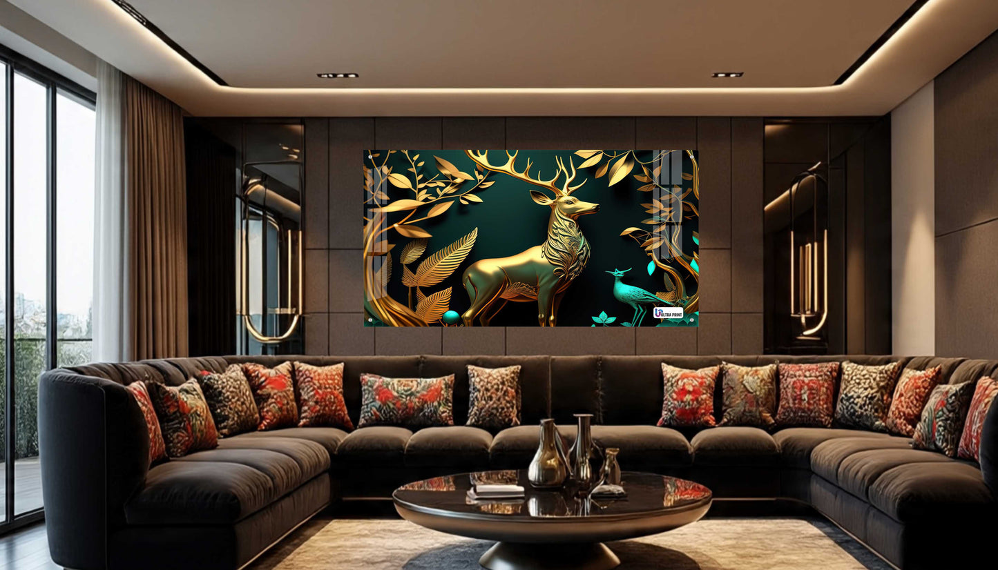 Luxury Golden Stag Forest Acrylic Wall Art