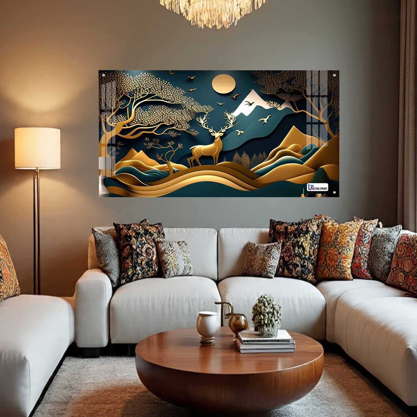 Golden Mountain Stag Landscape Acrylic Wall Art
