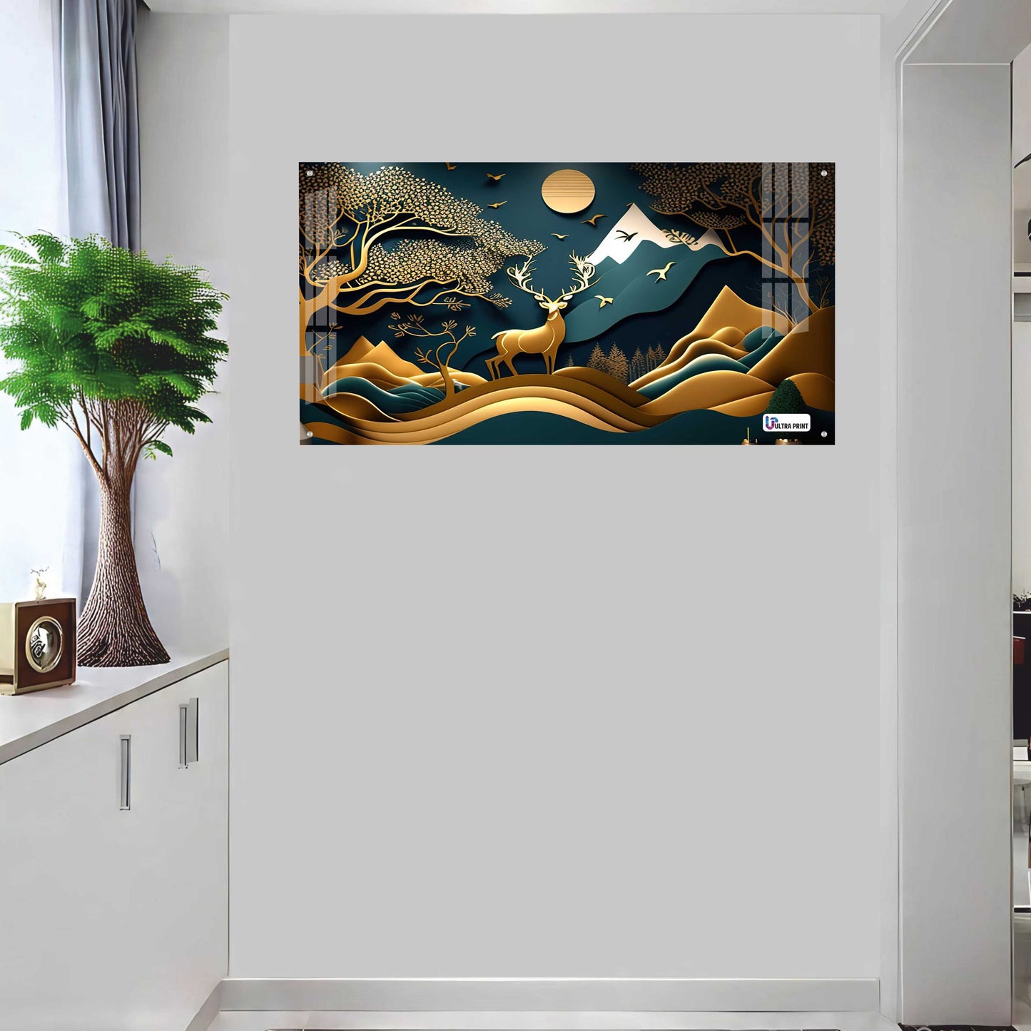 Golden Mountain Stag Landscape Acrylic Wall Art