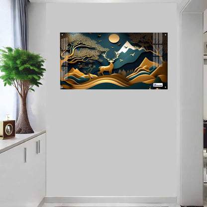 Golden Mountain Stag Landscape Acrylic Wall Art
