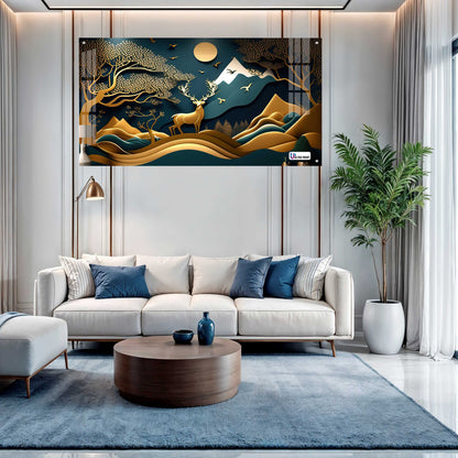 Golden Mountain Stag Landscape Acrylic Wall Art