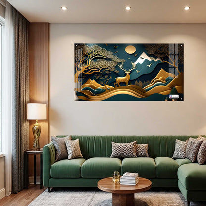 Golden Mountain Stag Landscape Acrylic Wall Art