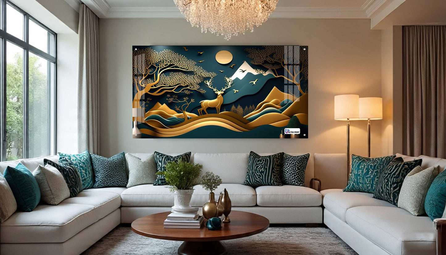 Golden Mountain Stag Landscape Acrylic Wall Art