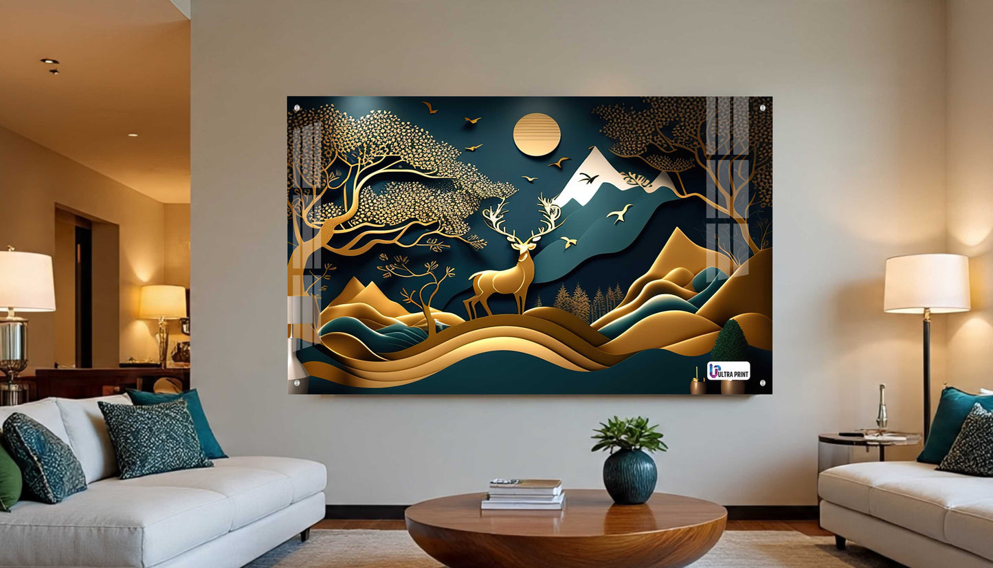 Golden Mountain Stag Landscape Acrylic Wall Art