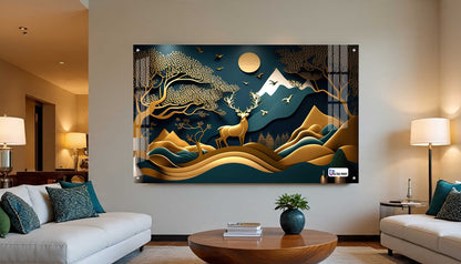 Golden Mountain Stag Landscape Acrylic Wall Art
