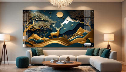 Golden Mountain Stag Landscape Acrylic Wall Art
