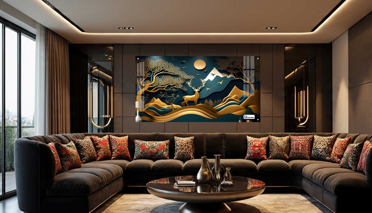Golden Mountain Stag Landscape Acrylic Wall Art