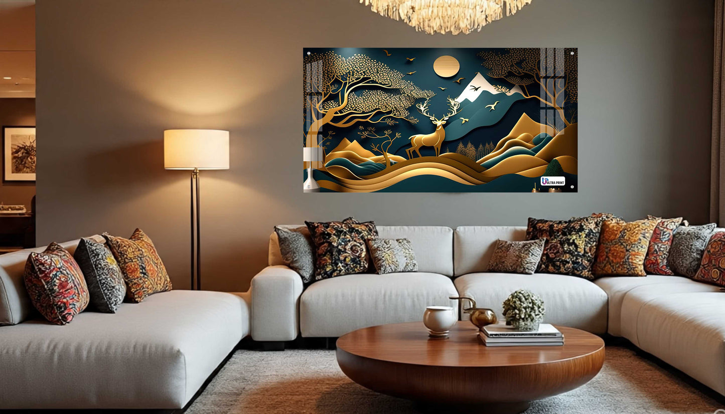 Golden Mountain Stag Landscape Acrylic Wall Art