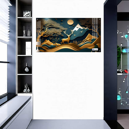 Golden Mountain Stag Landscape Acrylic Wall Art