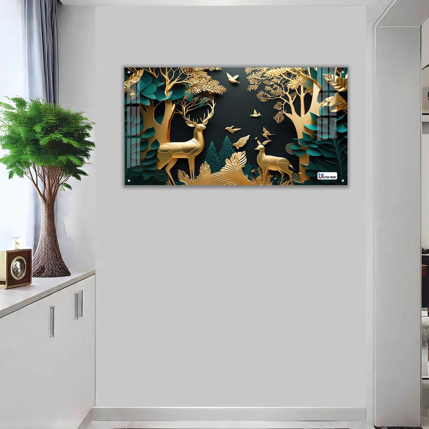 Golden Serenity Deer Forest Acrylic Wall Art