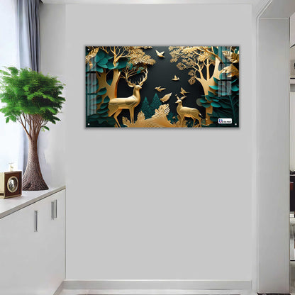 Golden Serenity Deer Forest Acrylic Wall Art