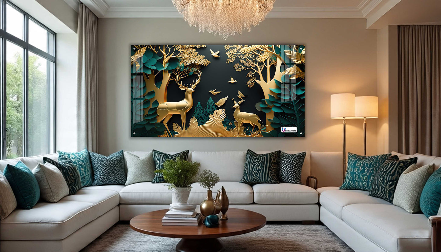 Golden Serenity Deer Forest Acrylic Wall Art