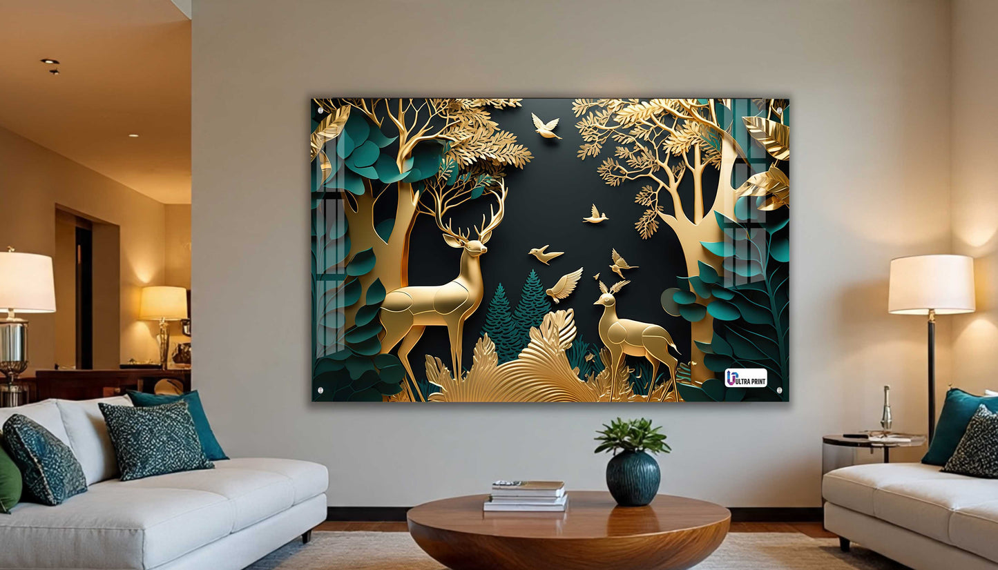 Golden Serenity Deer Forest Acrylic Wall Art