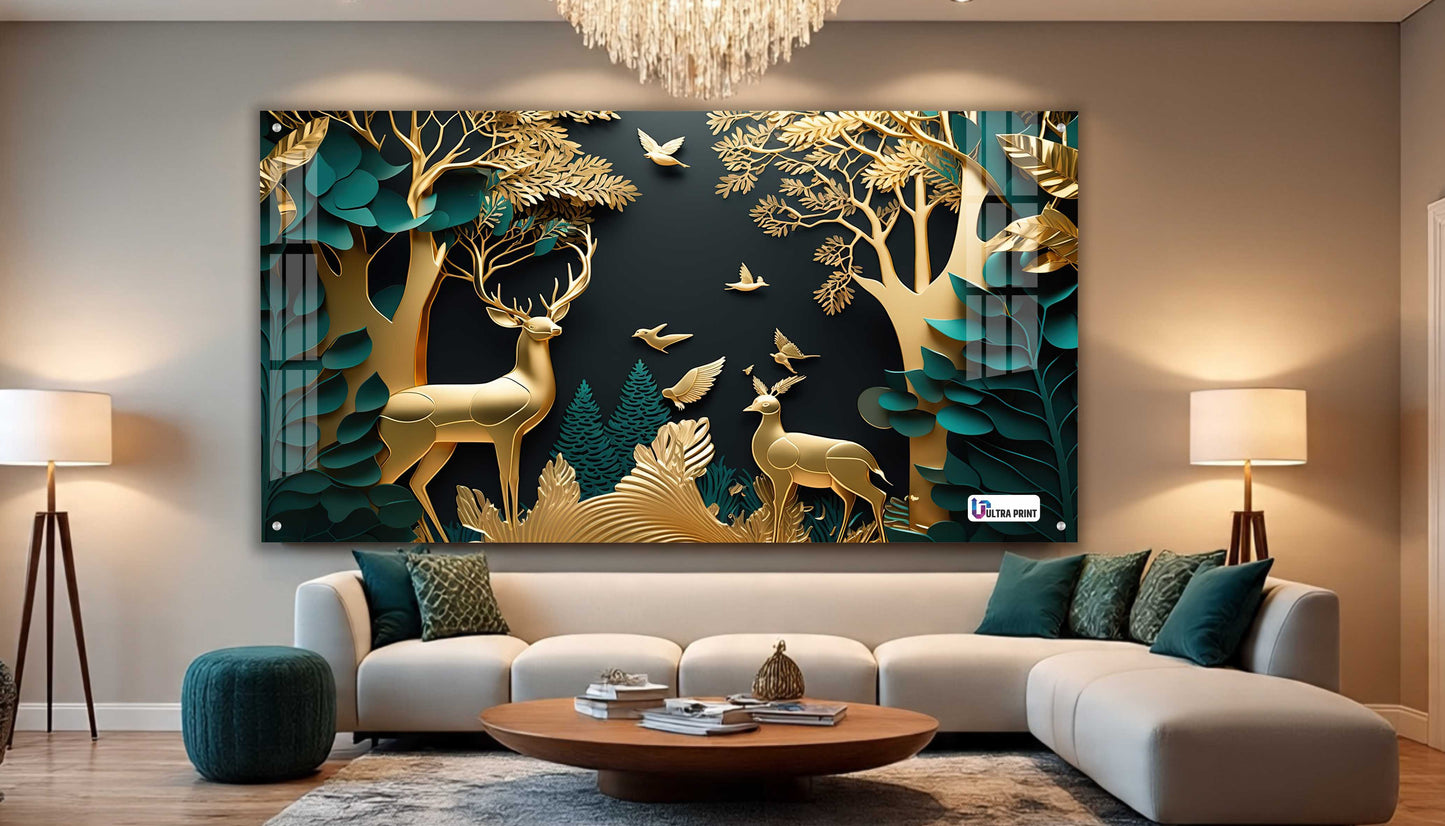Golden Serenity Deer Forest Acrylic Wall Art