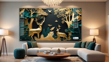 Golden Serenity Deer Forest Acrylic Wall Art