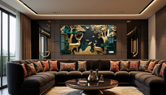 Golden Serenity Deer Forest Acrylic Wall Art