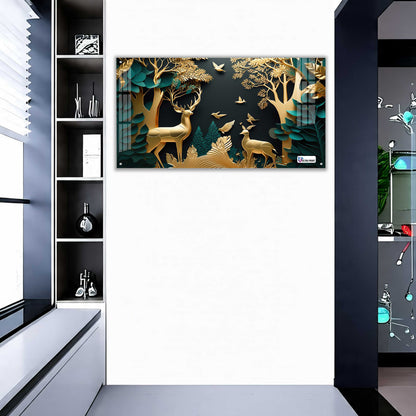 Golden Serenity Deer Forest Acrylic Wall Art