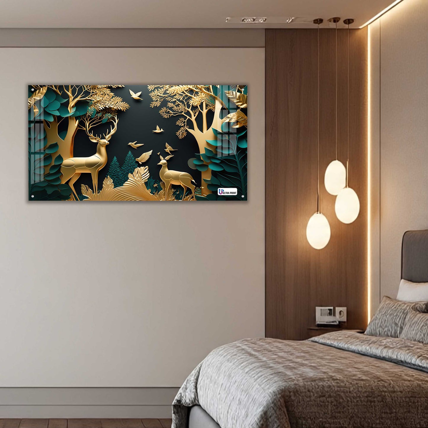 Golden Serenity Deer Forest Acrylic Wall Art