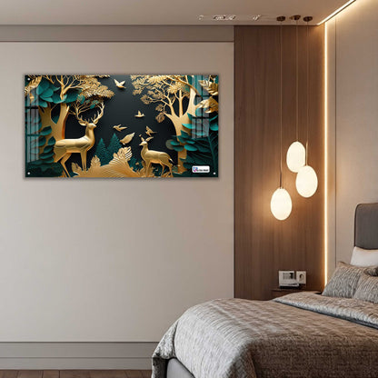 Golden Serenity Deer Forest Acrylic Wall Art