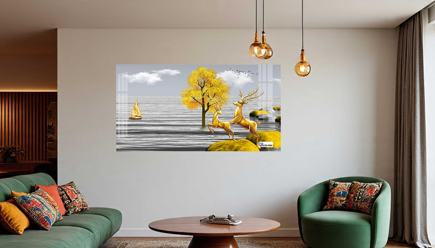 Golden Deer Landscape Luxury Acrylic Wall Art