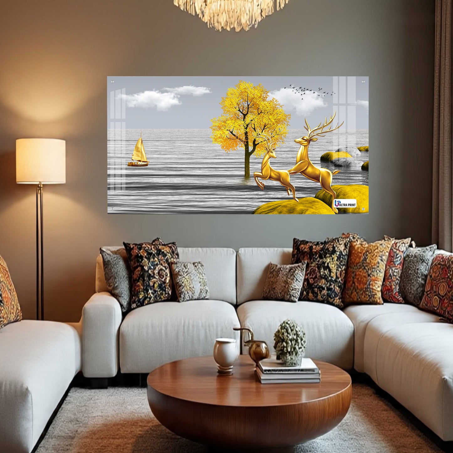 Golden Deer Landscape Luxury Acrylic Wall Art
