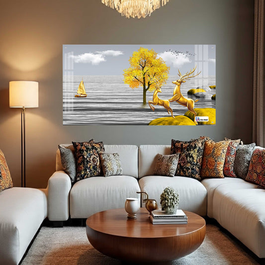 Golden Deer Landscape Luxury Acrylic Wall Art