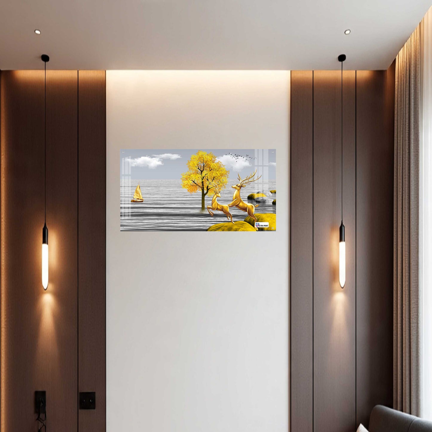 Golden Deer Landscape Luxury Acrylic Wall Art