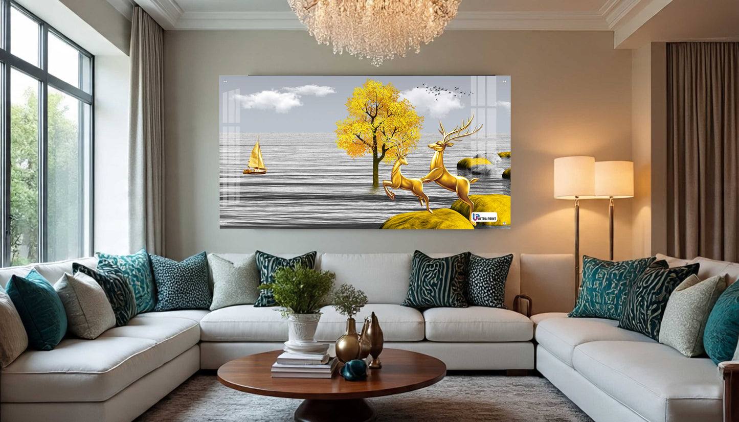 Golden Deer Landscape Luxury Acrylic Wall Art