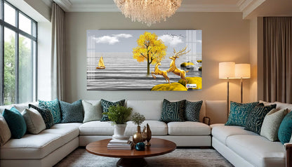 Golden Deer Landscape Luxury Acrylic Wall Art