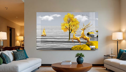 Golden Deer Landscape Luxury Acrylic Wall Art