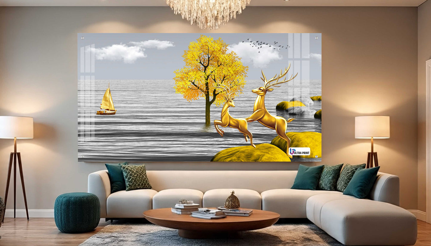 Golden Deer Landscape Luxury Acrylic Wall Art