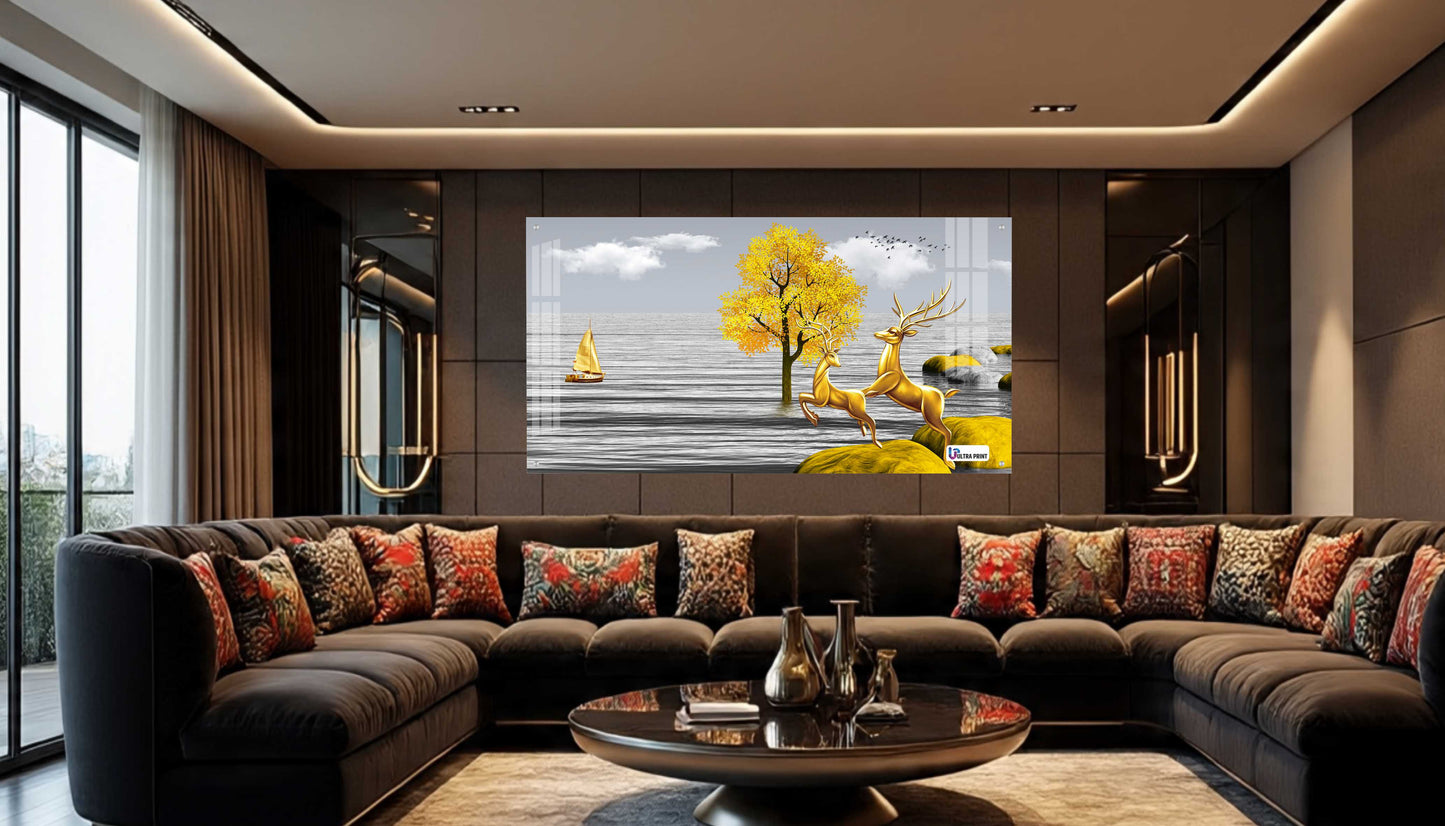 Golden Deer Landscape Luxury Acrylic Wall Art