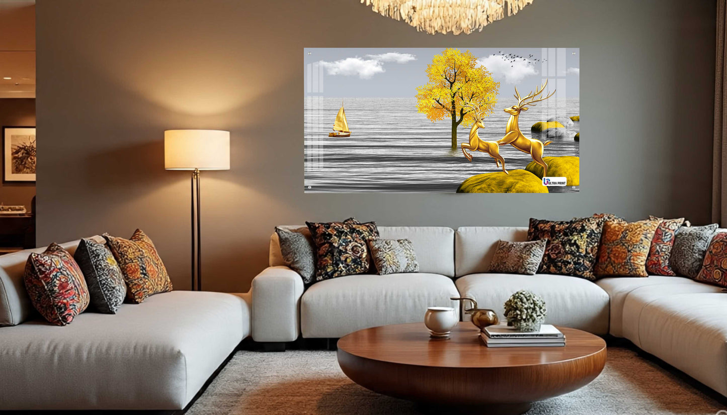 Golden Deer Landscape Luxury Acrylic Wall Art