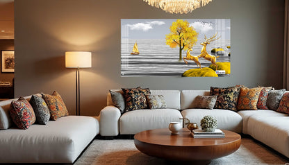 Golden Deer Landscape Luxury Acrylic Wall Art