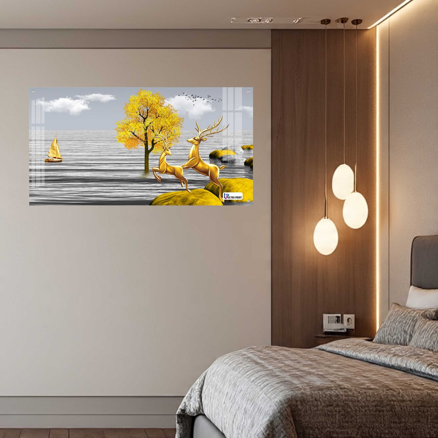 Golden Deer Landscape Luxury Acrylic Wall Art