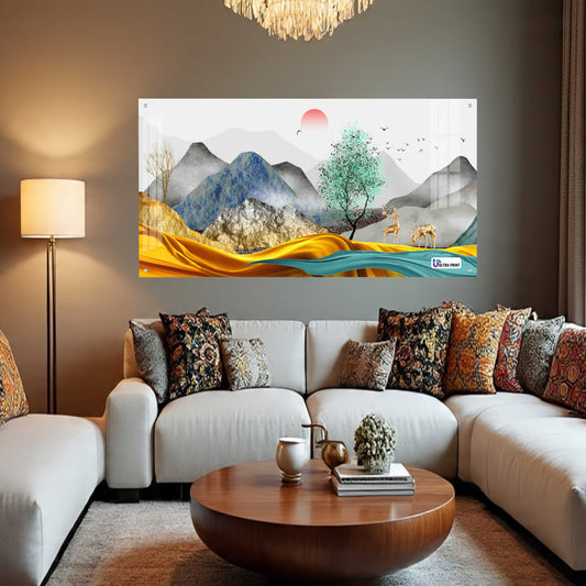 Modern Golden Hills & Deer Scenic Acrylic Wall Art