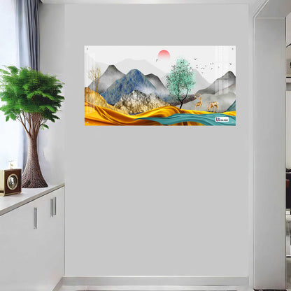 Modern Golden Hills & Deer Scenic Acrylic Wall Art