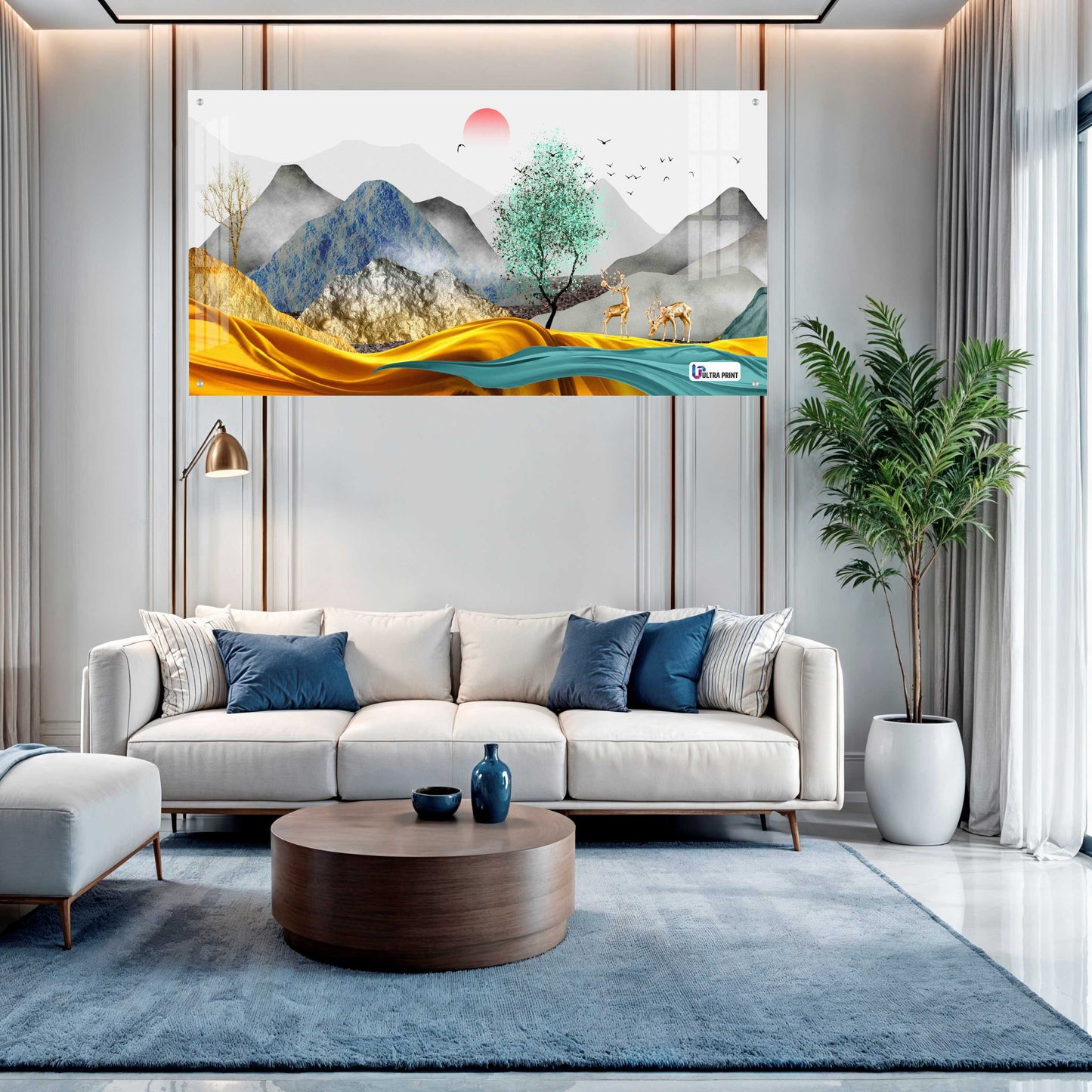 Modern Golden Hills & Deer Scenic Acrylic Wall Art
