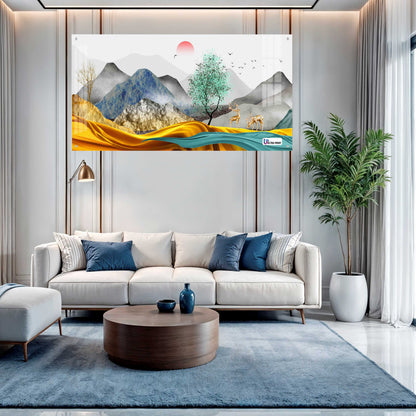 Modern Golden Hills & Deer Scenic Acrylic Wall Art