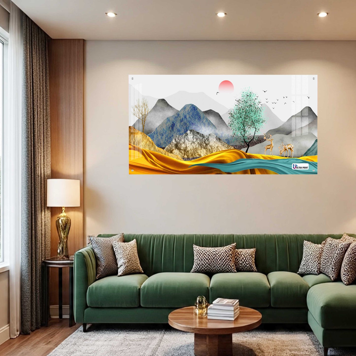 Modern Golden Hills & Deer Scenic Acrylic Wall Art