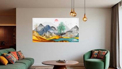 Modern Golden Hills & Deer Scenic Acrylic Wall Art