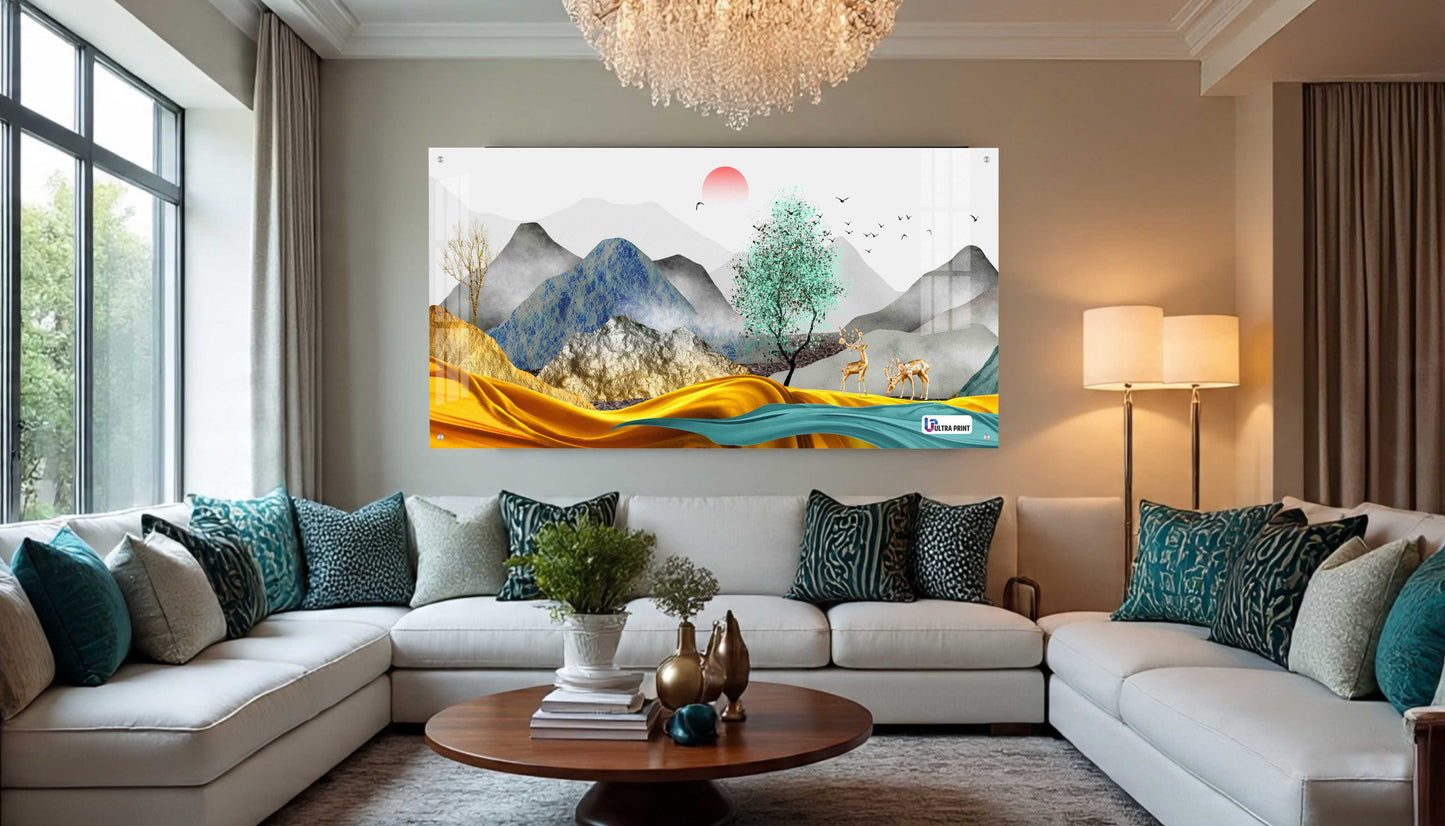 Modern Golden Hills & Deer Scenic Acrylic Wall Art