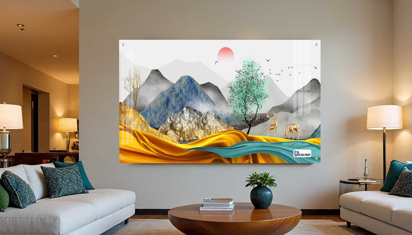 Modern Golden Hills & Deer Scenic Acrylic Wall Art