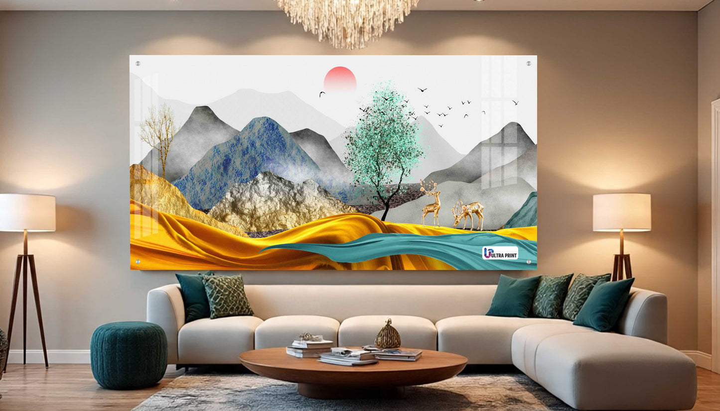 Modern Golden Hills & Deer Scenic Acrylic Wall Art