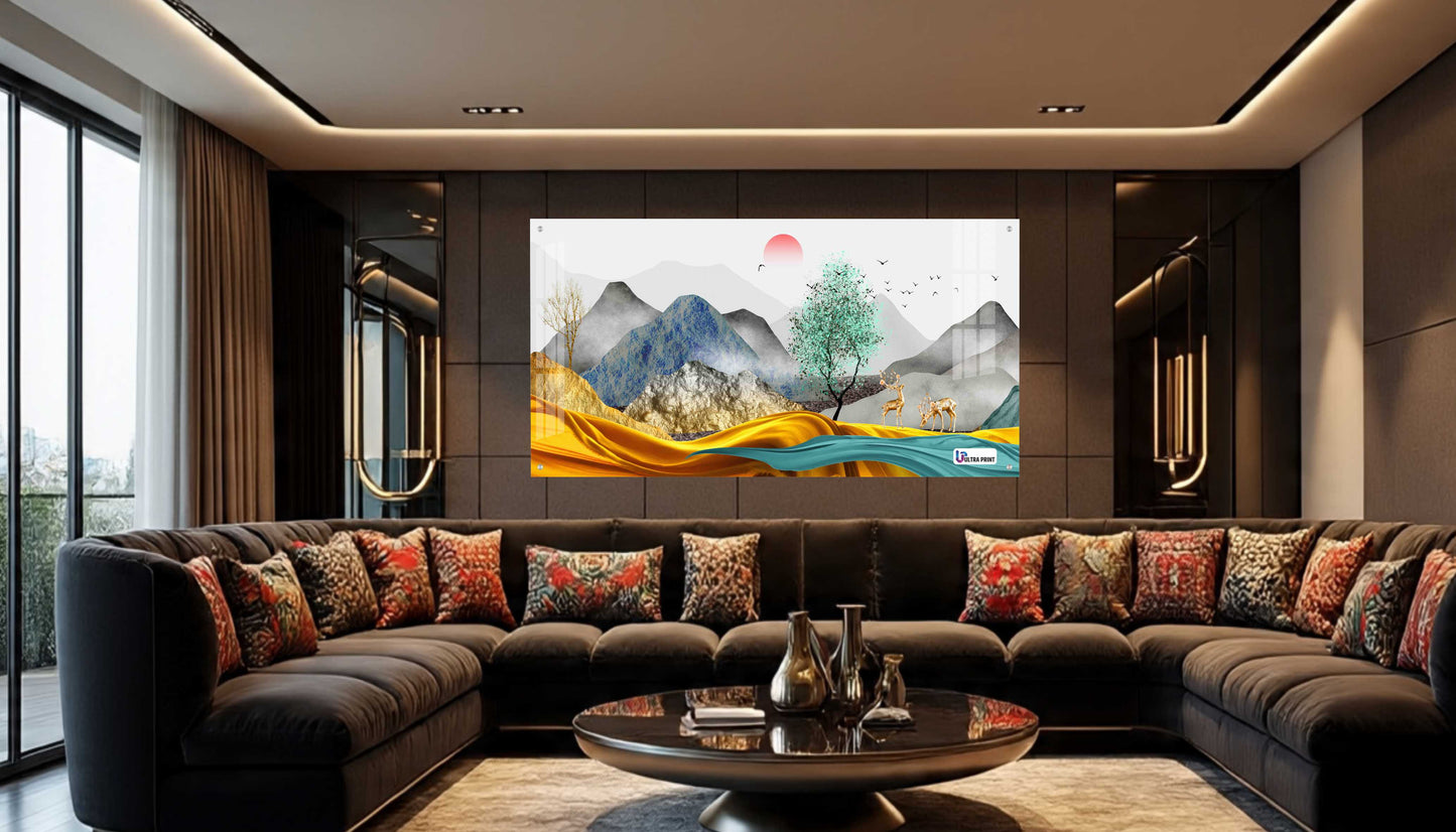 Modern Golden Hills & Deer Scenic Acrylic Wall Art